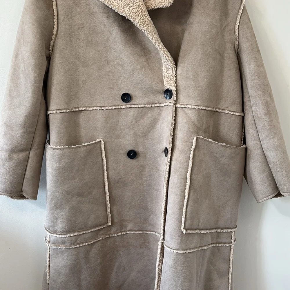 ZARA Contrasting Fleece Suede Long Coat Size Large - Picture 7 of 14